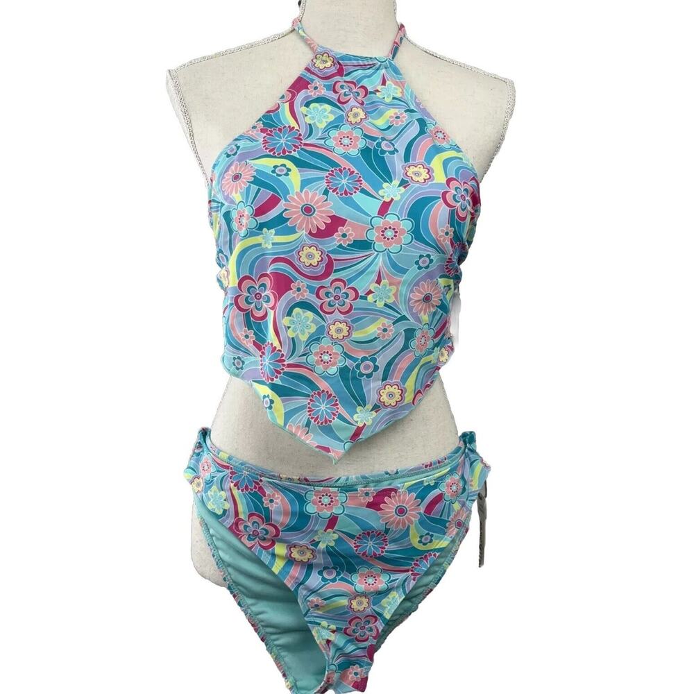 NWT Wallflower Blue Lizzie Pastel Multicolor Floral Bikini Set Swimsuit UPF Lg